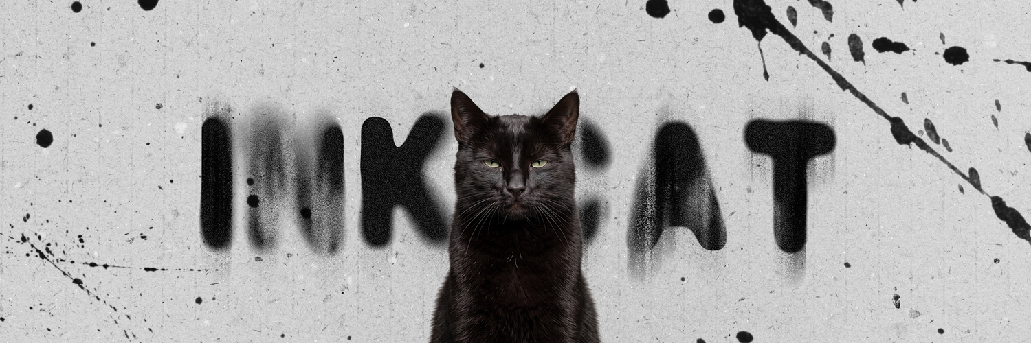 Black cat in front of spray-painted INKCAT on pale concrete with black ink splatters