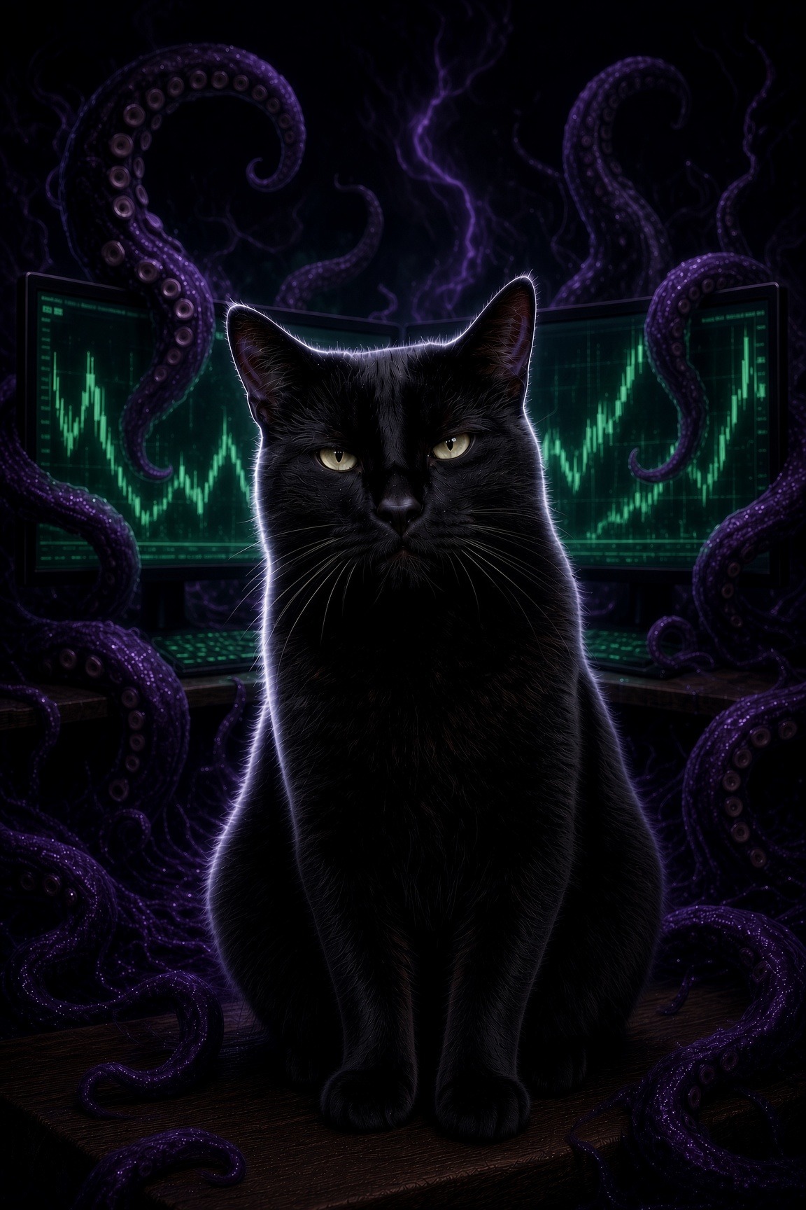 Ink Cat on a wooden table as kraken tentacles swallow a crypto risk desk